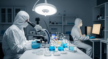 Laboratory Researchers in Protective Suits Examining Samples Under Microscope | Scientific Research and Medical Development for Healthcare and Pharmaceutical Marketing