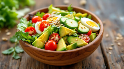Healthy and vibrant salad bowl with avocado, tomatoes, and eggs, perfect for a fresh meal
