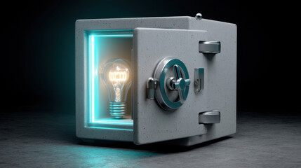 Modern safe with glowing light bulb inside, symbolizing concept of ideas and innovation. safe features sleek design with metallic finish and illuminated edges, creating striking visual contrast