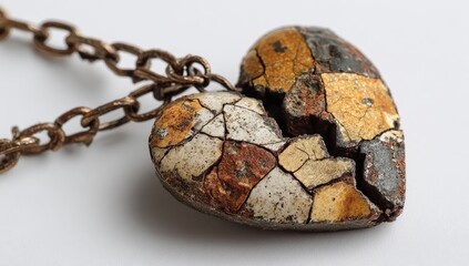 Broken heart pendant necklace with textured, multi-colored stone and antique bronze chain