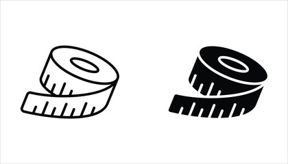 Measure tape line icon set. Rolled in outline and solid styles. Ideal for sewing, clothing, fashion design, DIY tools, and measurement-related graphics. vector illustration on white background