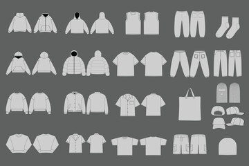 Streetwear Vector Apparel Mockup Set Collection | T-shirt Hoodie Joggers Trucker Jacket Shorts Sweater Pant Hat Work Jacket Sock Tee Mockup Design Template Illustration CAD