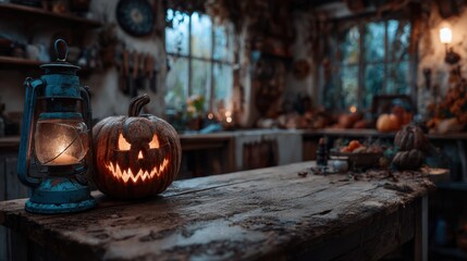 ハロウィンの夜に灯るランタンとジャック・オー・ランタンの不気味な輝き © Antonster