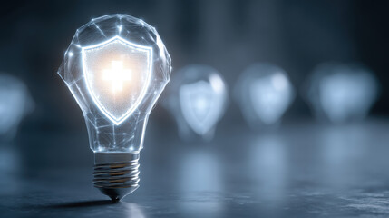 Glowing light bulb with shield design symbolizes protection and safety, showcasing modern and innovative concept. background features blurred light bulbs, enhancing focus on central bulb