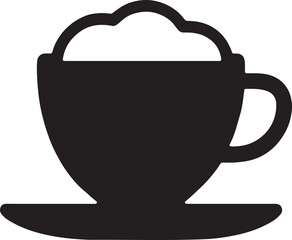 Cappuccino mug with saucer silhouette vector icon, hot coffee cup symbol, café beverage design EPS.