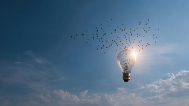 Light bulb floats in sky, surrounded by flock of birds, symbolizing creativity and inspiration. scene captures sense of freedom and innovation against bright blue backdrop