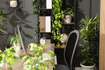 Biophilic interior design. Stylish workplace with computer and houseplants in office