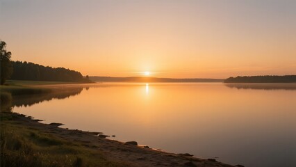 Sunset Over a Calm Lake with Reflective Waters and Silhouetted Trees