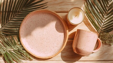 A Set of Pink Ceramic Tableware: a Plate, a Mug, and a Candle, Paired with Palm Leaves and Dappled Light and Shadows, Creating a Fresh and Minimalist Summer Still Life.