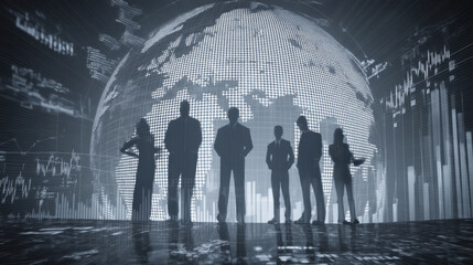 Business professionals silhouette against digital globe, representing global connectivity and teamwork in modern corporate environment. scene conveys ambition and collaboration