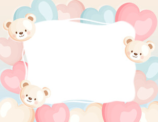 Vector frame with teddy bear faces and heart balloons around edges. Large blank center for text. Suitable for invitations, greeting cards, posters and kids designs