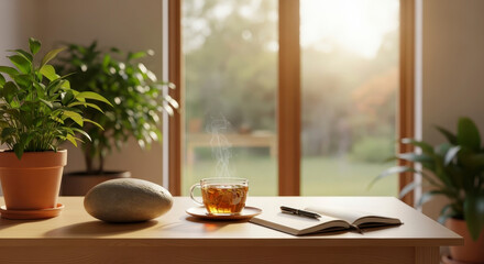 Well-being concept in minimalist design, self care, mindfulness, healthy lifestyle, inner peace, harmony, mental health, balance, relaxation, wellness and positive energy
