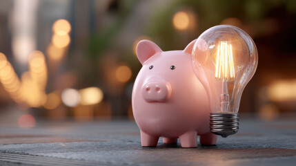 Pink piggy bank with glowing light bulb beside it symbolizes concept of saving and innovative ideas. This evokes feelings of creativity and financial growth