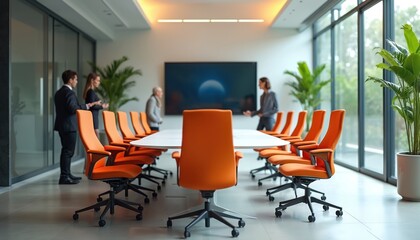 Business professionals in modern conference room, engaging in strategic planning session. Futuristic technology, large screen display enhance business meeting. Orange chairs around white table create