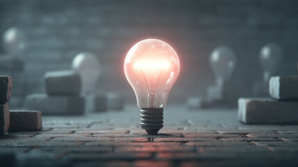 Glowing light bulb stands prominently on textured surface, surrounded by blurred, dimly lit light bulbs and bricks, creating moody atmosphere that evokes inspiration and creativity