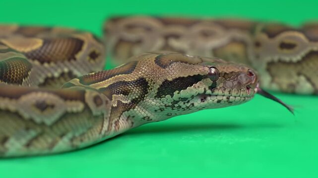 Patterned Snake Head Close-Up with Flicking Tongue on Green Background