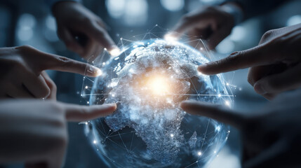 Hands pointing at digital globe, symbolizing global connection and collaboration. globe features network of lights and data points, representing technology and innovation