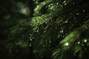 Obraz premium Evergreen Branch with Water Droplets in Dark Forest Setting