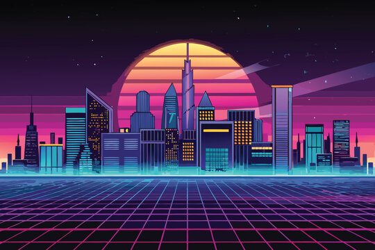 Futuristic metropolis skyline illustration with vibrant sunset and retrowave grid, available with transparency for design