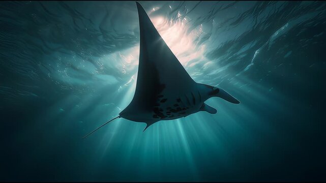 Manta ray gliding through deep blue ocean underwater