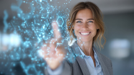 Smiling woman interacting with digital interface, showcasing technology and innovation in modern workspace. Her engagement reflects excitement and creativity