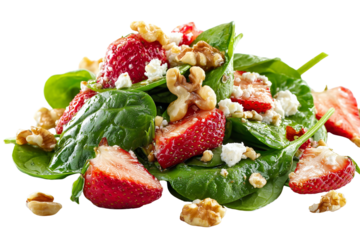 Fresh and vibrant spinach salad with ripe strawberries crunchy walnuts and crumbled feta cheese on a dark background