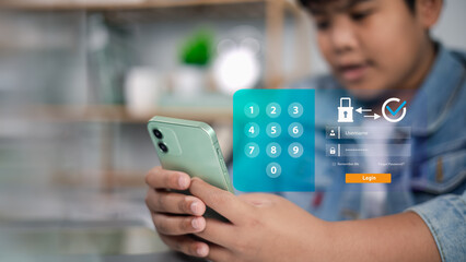 Data protection, cyber security, and online privacy. Image is ideal for content on digital security and privacy. Person holding a smartphone with a digital security lock and login interface overlaid.