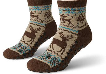A pair of brown and beige holiday socks with reindeer and snowflake patterns on a white background close up
