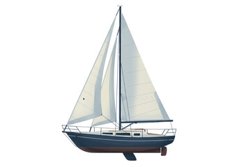 A side view of a blue and white sailboat with sails unfurled against a plain white background image