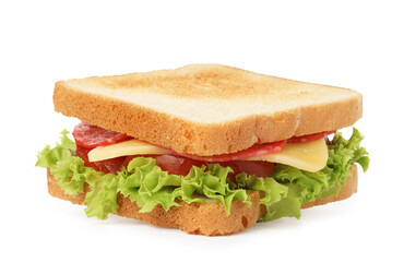 Tasty sandwich with salami, cheese, tomato and lettuce isolated on white