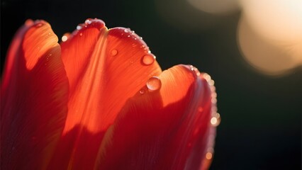 Close-up of a Red Tulip with Dew Drops Illuminated by Soft Light