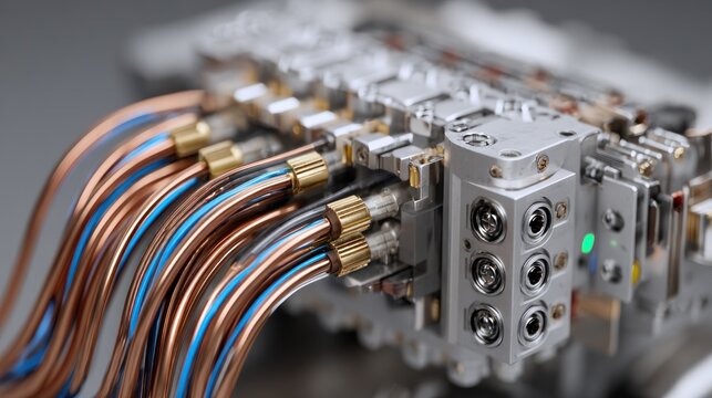 Close-up of intricate, metallic machine components. Copper tubes intertwine with a complex valve system