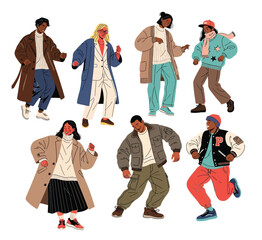 Fototapeta premium Group of young happy dancing people wear trending outfit, dancing characters vector illustration. Dance party, disco