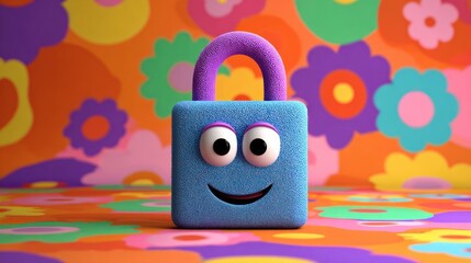 Cute blue lock with happy face on colorful floral background