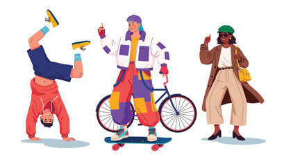 Trendy urban characters performing activities like handstand, skateboarding, cycling, and walking, showcasing modern lifestyle and fashion diversity.
