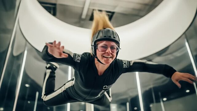 Woman in Black Jumpsuit Flying in a Wind Tunnel