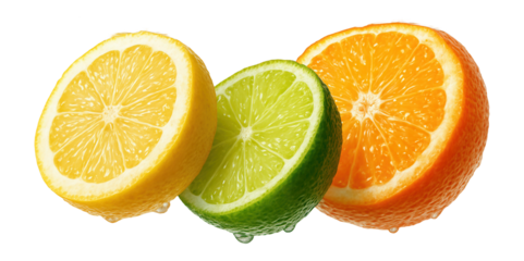 Fruit splashing into water with lemon, lime, and orange slices.