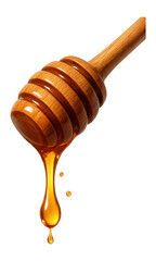 Honey dripping from a wooden dipper.