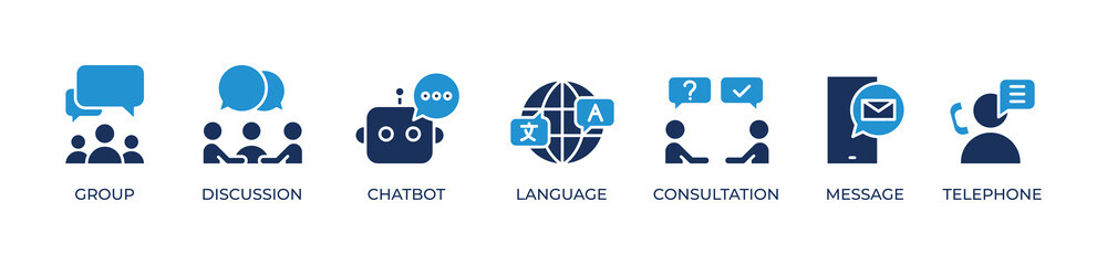 Interactive Communication Icons set vector illustration blue with Group, Discussion, Chatbot, Language, Consultation, Message, Telephone