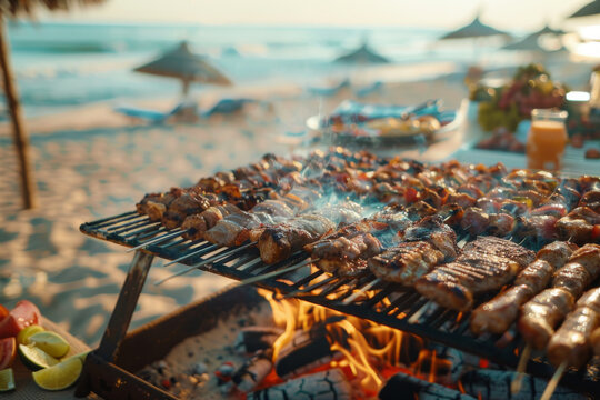 Beach barbecue with skewers of meat grilling over an open flame, creating a perfect summer cookout vibe.