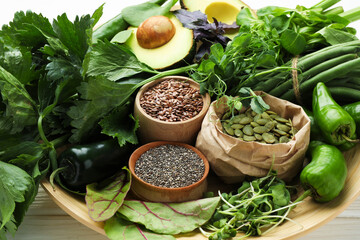 Superfood. Healthy food products on white wooden table, closeup