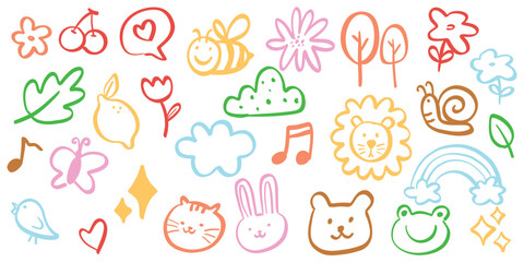 colorful hand drawn doodle set with cute animals, fruits, flowers, clouds, leaves, rainbow, and music notes for children’s design, educational materials and sticker decoration. vector illustration