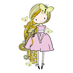 Beautiful cute girl illustration with long braided hair butterflies and pastel pink dress perfect for kids fashion tshirt design and digital prints
