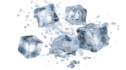 Ice cubes falling and shattering, isolated on a white background