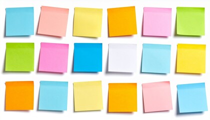 Sticky Note Post It Board Office. Business people meeting at office and use post it notes to share idea. Brainstorming concept. Sticky note on glass wall or blackboard. Set of colorful blank notes.	