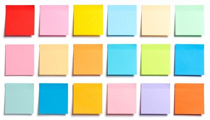 Sticky Note Post It Board Office. Business people meeting at office and use post it notes to share idea. Brainstorming concept. Sticky note on glass wall or blackboard. Set of colorful blank notes.