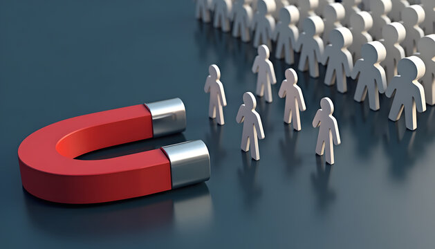 A magnet attracting a group of people, representing attraction and recruitment.