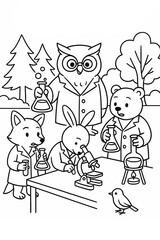 Fototapeta premium Cartoon animals wearing lab coats doing science experiments with microscope and flasks. Coloring page