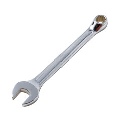 Shiny chrome wrench on a white isolated background, ideal for representing tools, mechanics, and engineering.