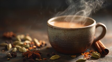 A steaming cup of herbal chai tea with cloves and cardamom pods scattered around, captured in soft morning light